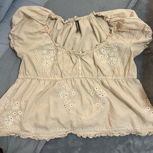 Anthropologie Cream Embroidered Women's Top Large